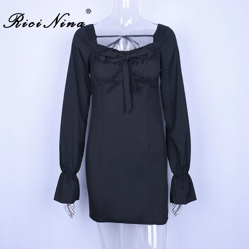 RICININA Fashion Summer Casual Women Dress Slash Neck Flare Sleeve Bandage Black Mini Dress Woman Loose Party Dress Vestidos RICININA Fashion Summer Casual Women Dress Slash Neck Flare Sleeve Bandage Black Mini Dress Woman Loose Party Dress Vestidos