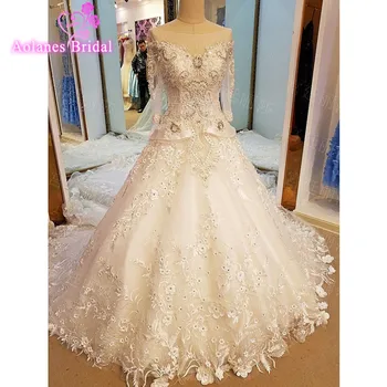 

Real Photo Beaded Sequin Appliques A Line Lace Wedding Dress 2017 Weeding Tulle Half Sleeve Long Royal Train Wedding Gown
