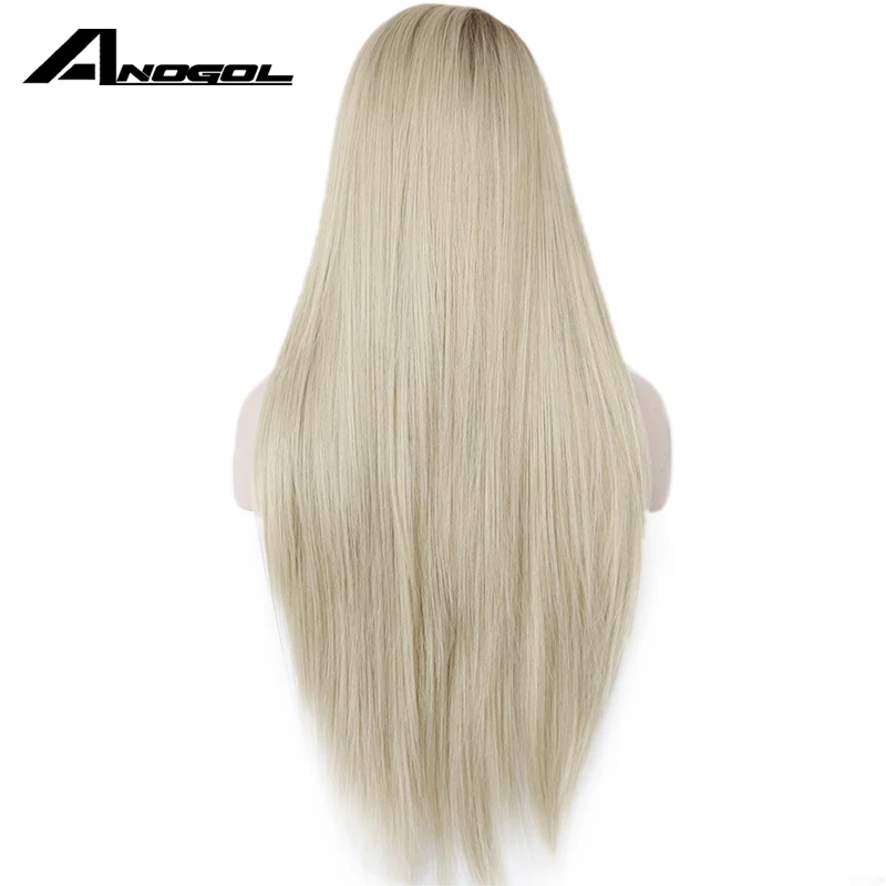 Anogol 2 Tones Ombre Brown Blonde Synthetic Lace Front Wig Peruca Laco Sintetico Long Straight Heat Resistant Hair Wigs Women
