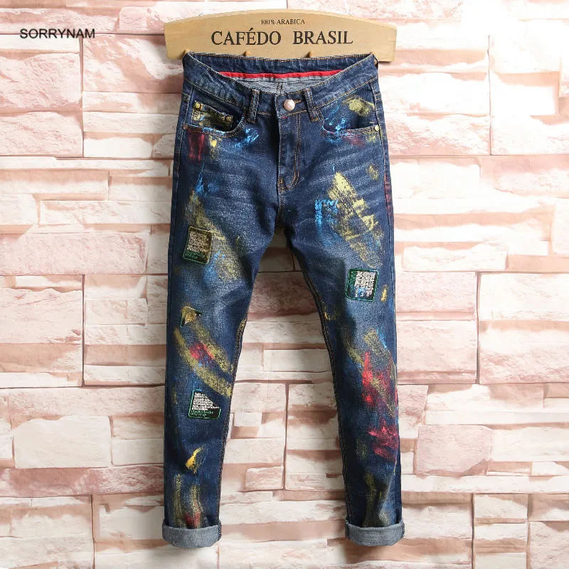 Sorrynam 2017 Time limited Sale Zipper Fly Street Summer Stickers Personalized Broken Pants Male Jeans Hip