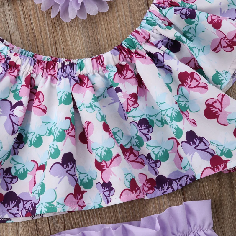 Модный летний комплект одежды с открытыми плечами и цветочным рисунком для маленьких девочек, футболка Топ+ шорты, штаны, комплект из 3 предметов