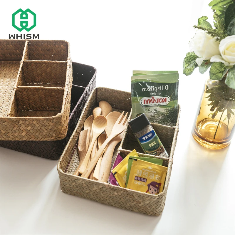 Online WHISM Handgemachte Natürliche Stroh Fünf rahmen Lagerung Box Rattan Wicker Obstkorb Lebensmittel Snack Sortierung Fall Hochzeit Organizer Box