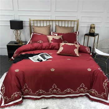 

Green red egyptian cotton Bedding Set Bed Sheet crown Embroidery Comforter Duvet Cover Bedclothes Adult Queen King Size Linens