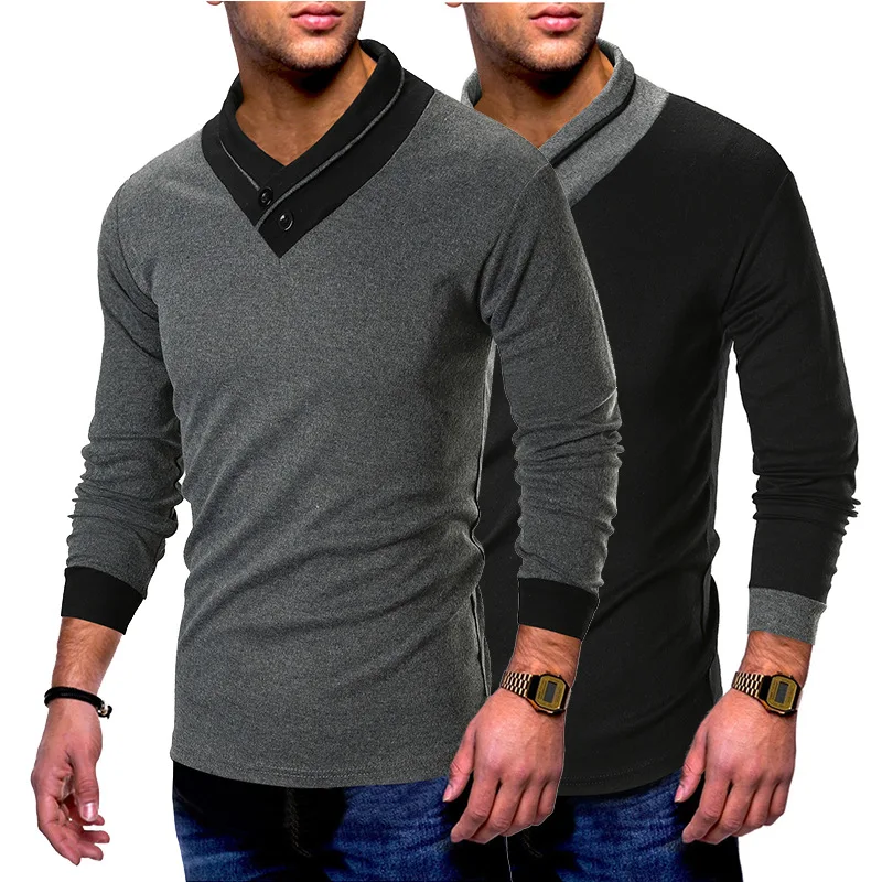 

Men's Slim Large Size Solid Color V-Neck Splicing Personality Collar Long-Sleeved T-Shirt Blouses Sweatshirts