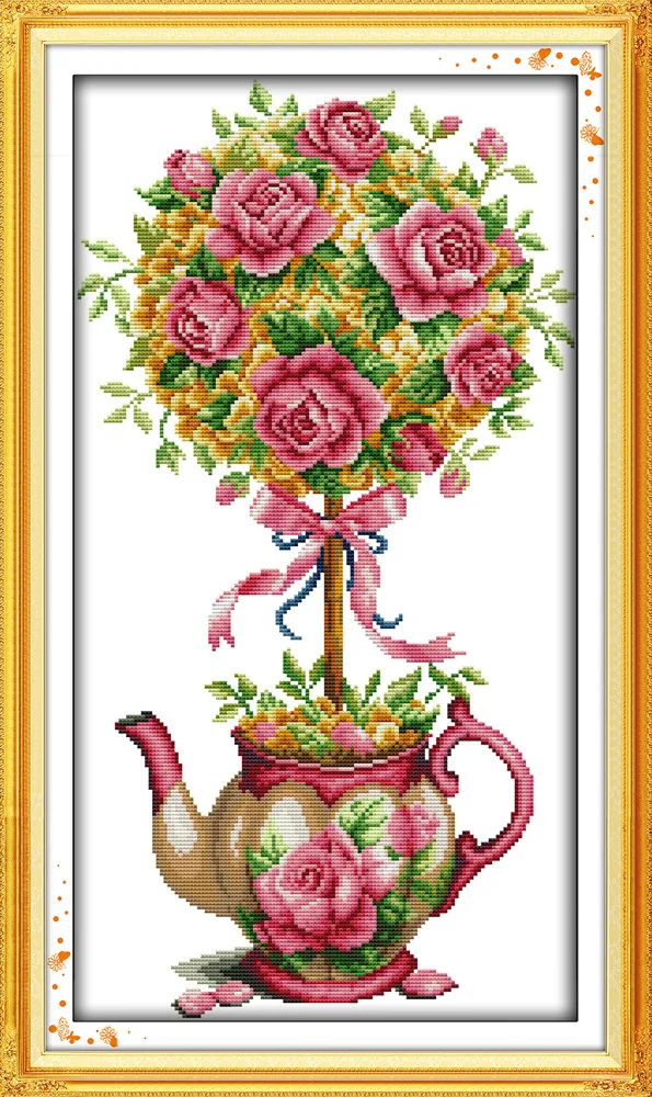 

Joy Sunday The bouquet and teapot DMC Counted Chinese Cross Stitch Kits printed Cross-stitch set Embroidery Needlework