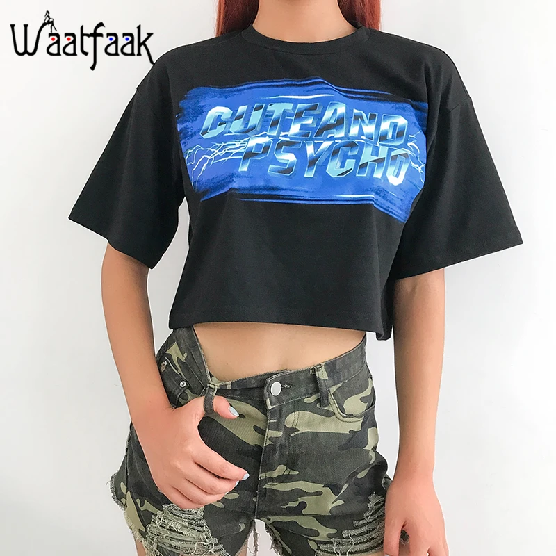 

Waatfaak Black Funny Lightning Graphic Tshirt Cotton Oversized Harajuku Crop Top T Shirt Women Short Sleeve O Neck Tee Shirt