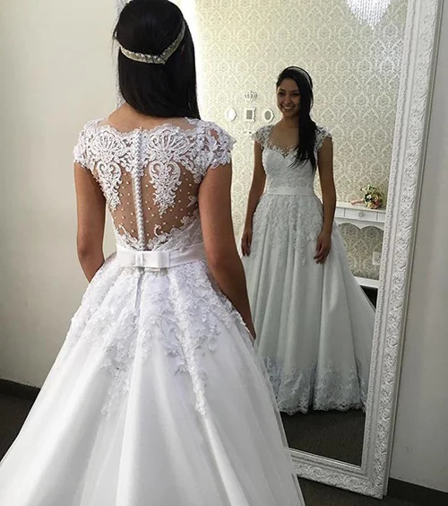 White Skin Color Net Trajes de novia на заказ свадебное сексуальное платье с круглым вырезом сзади с короткими рукавами и кружевами линии Свадебные платья свадебное платье Casamento - Цвет: White Skin Color Net