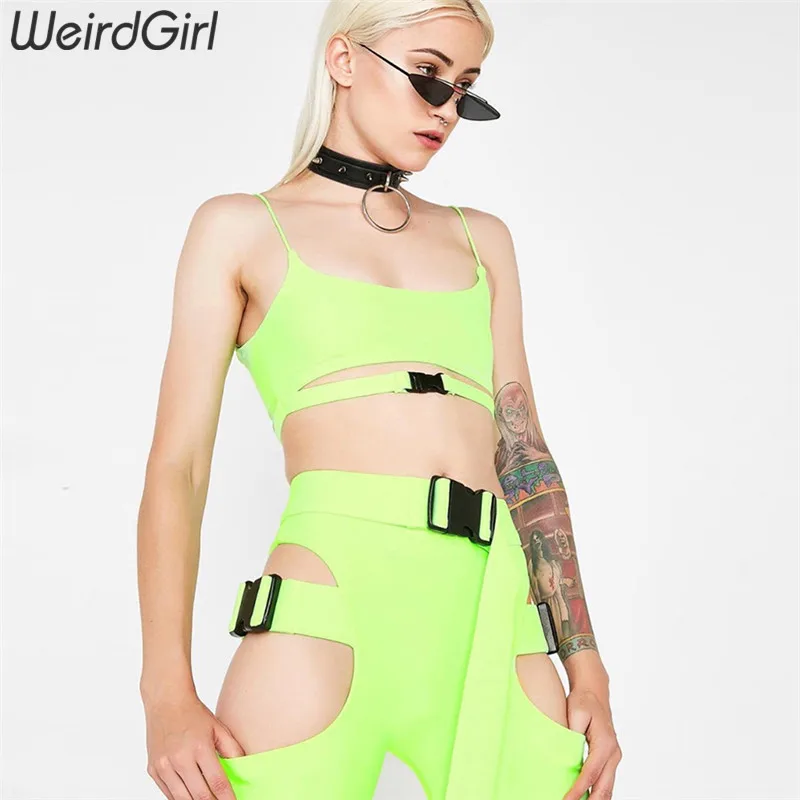 Tanie Weirdgirl zestawy dla kobiet dwa kawałki bez rękawów drążą jednolita, krótka Fitness przycięte Sling Tank topy i szorty klamra dla kobiet