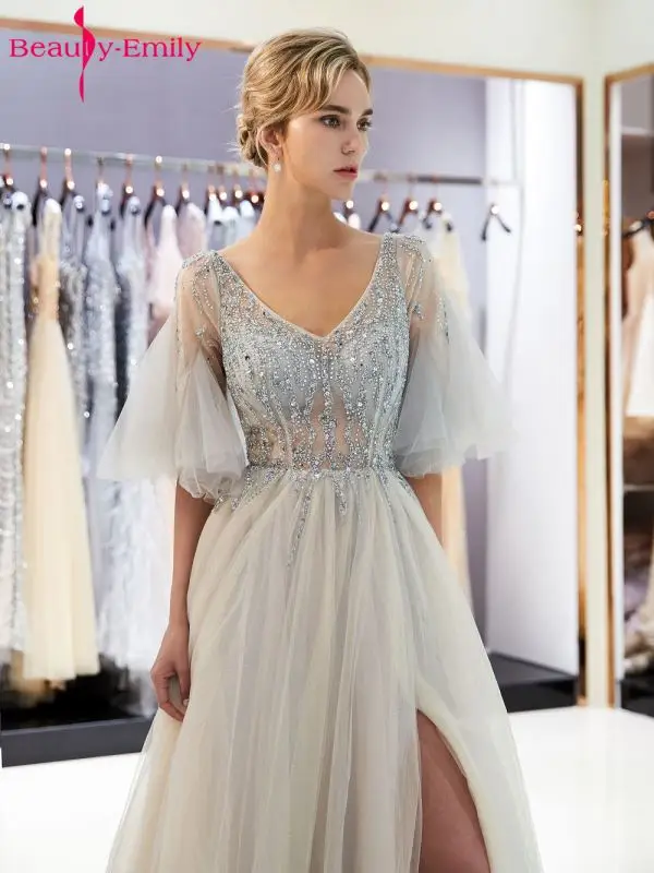 Beauty Emily Long Grey Beads Evening Dresses 2018 Short Sleeve Bodice Open Back Party Prom Dresses Elegant Vestido De Festa Beauty Emily Long Grey Beads Evening Dresses 2018 Short Sleeve Bodice Open Back Party Prom Dresses Elegant Vestido De Festa