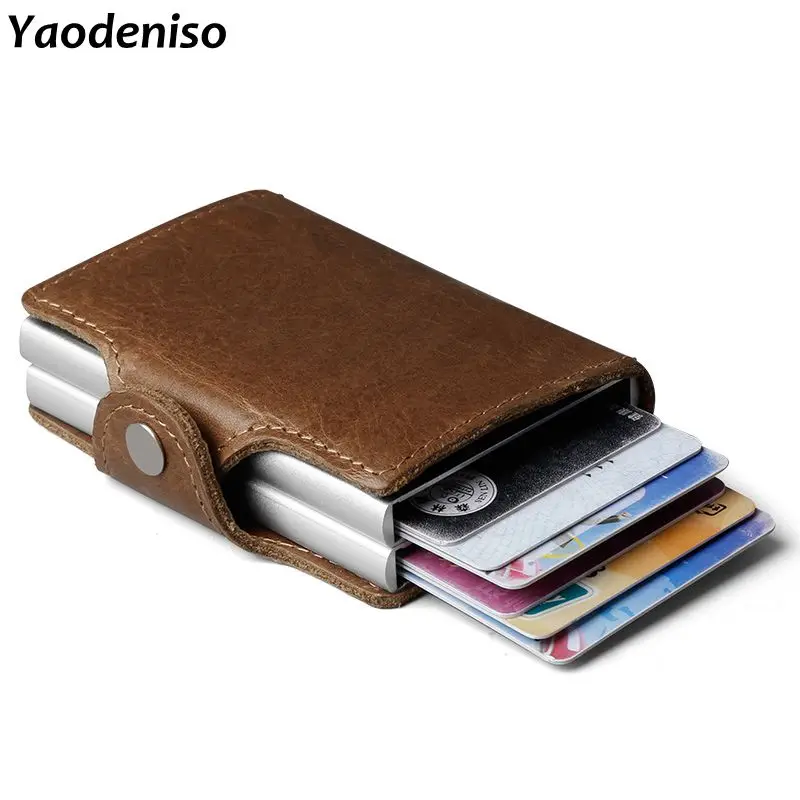 

Men 100% Genuine Leather Double Metal ID Credit Card Holder RFID Wallet Blocking Aluminium Business Cardholder Hasp Mini Purse