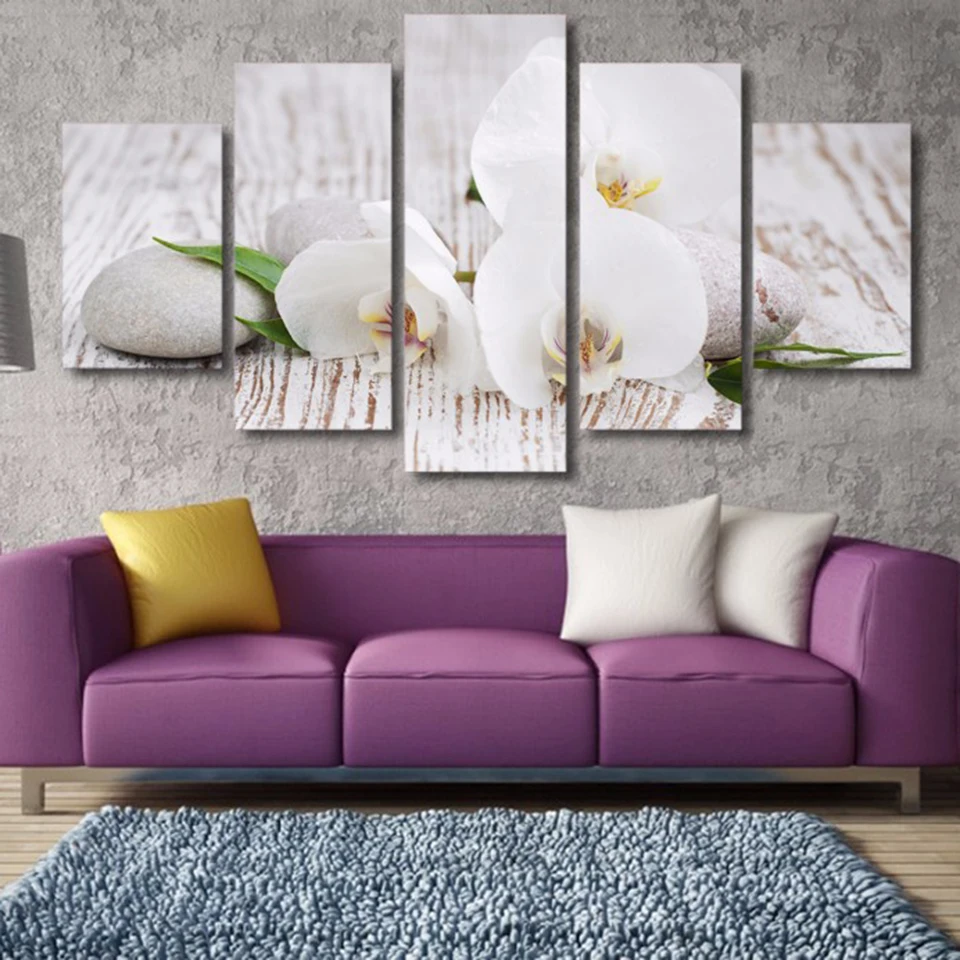 

HD Printed Wall Art Modular Picture 5 Pieces White Butterfly Orchid Pebbles Canvas Painting Zen Themed Posters for Bedroom Decor