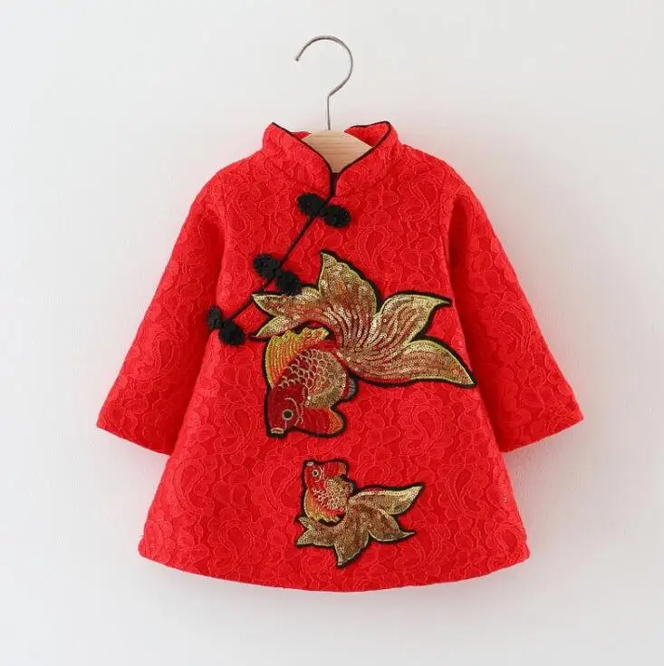 Cheongsam платье Чонсам для маленьких девочек; зимние вечерние платья в китайском стиле для девочек на год; платье Ципао с бисером; платье с пряжкой и павлином для девочек - Цвет: Красный
