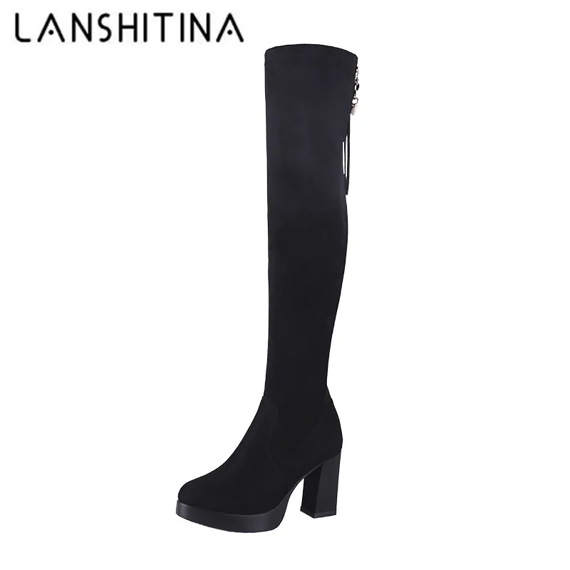 

2018 Ladies Shoes 8.5 CM Square Heels Women Over The Knee Boots Scrub Black Zipper Autumn Shoes Winter Woman Motorcycle Boots