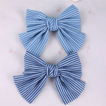 

12pcs/lot Solid Color Large Denim Bow Hair Clip For Girls High Quality Handmade Striped Bow Boutique Hair Barrettes For Women