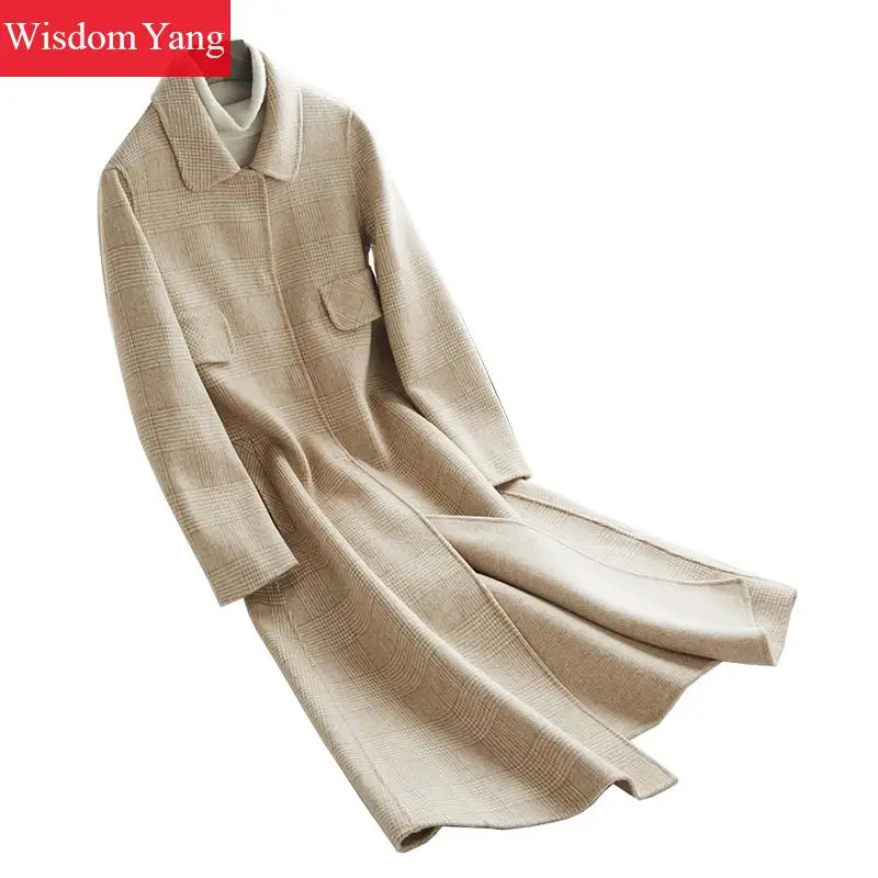 

Elegant Winter Warm Coat Khaki Plaid Sheep Wool Coats Vintage Women Korean Long Casual Slim Oversize Woolen Overcoat Outerwear