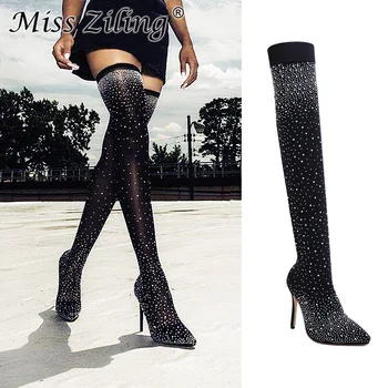 

Women Luxury Stretch Fabric Boots Bling Bling Sequin Glitter High Heel Knit Elastic Sock Boots Pointed Toe Women Boot