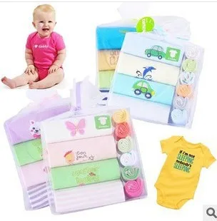 

Triangular pure cotton short sleeve jumpsuit climbing clothes Gift SET 4 clothes + 6 face towels baby sets wiggle-in bodysuits
