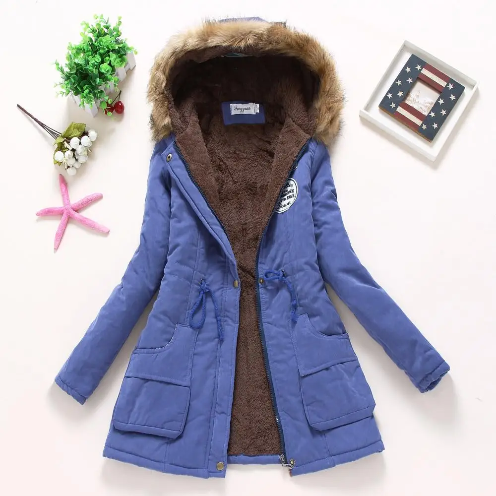 Новые зимние пальто в стиле милитари, Женский хлопковый капюшон с подкладкой, куртка средней длины, Повседневная парка, толщина размера плюс, XXXL, стеганая зимняя верхняя одежда - Цвет: blue