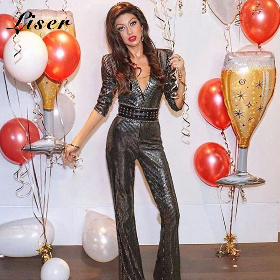 

Liser 2019 New Summer Women Jumpsuits V Neck Sequined Bead Jumpuits Sexy Bodycon Elegant Evening Party Silver Jumpsuit Vestidos