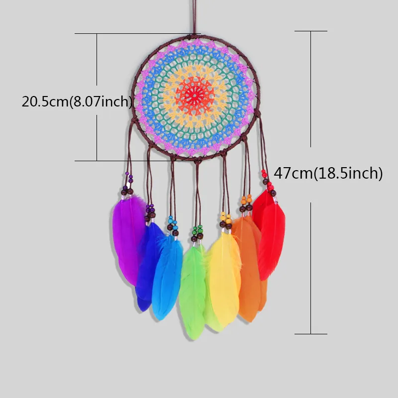 TAI Top Handmade Dream Catchers Rainbow Feather Large Circle Wind Chimes Wall Hanging Ornament Home Car Decor Craft Gifts