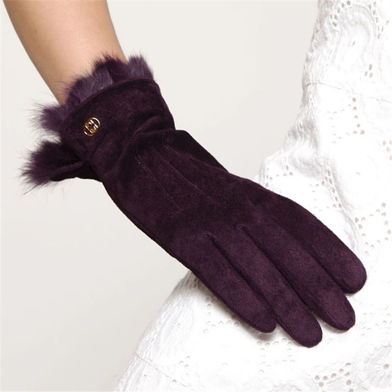 Модные женские кожаные перчатки с кроличьим мехом, натуральная свиная кожа, замша, зимние теплые женские однотонные перчатки для вождения, L130NN