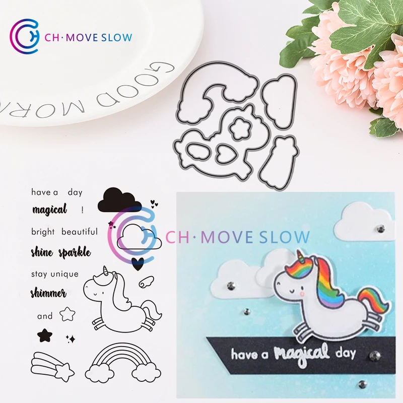 

CH Unicorn with rainbow Stencils die and stamps for DIY Scrapbooking/photo Album stamps Decorative Embossing DIY Cards