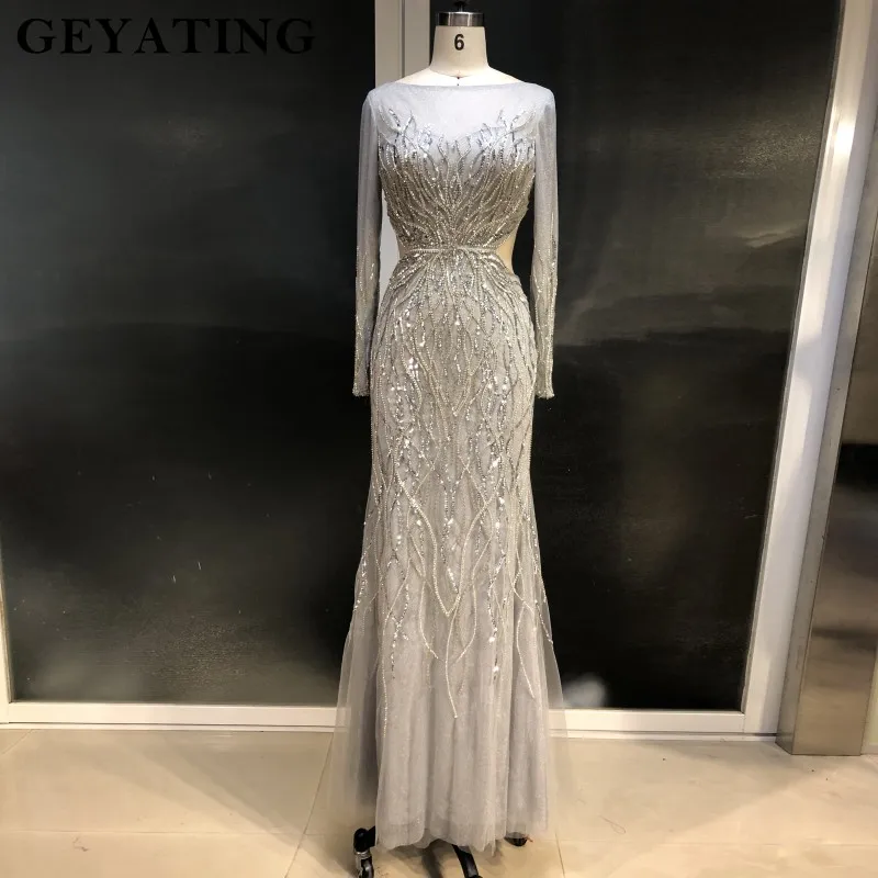 

Sexy Backless Long Mermaid Prom Dresses 2019 Luxury Crystal Beaded Long Sleeves Evening Gowns Party Dress Vestidos de festa