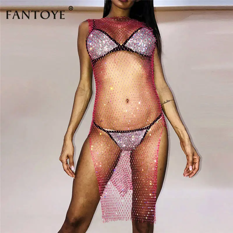 Fantoye/новое летнее пляжное платье с бриллиантами для женщин, сексуальная блестящая одежда со стразами, Сетчатое женское платье с разрезом - Цвет: Rose Red O-Neck