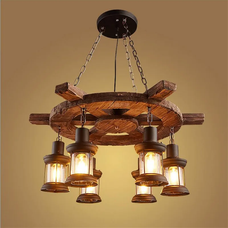 Vintage Industry Handmade Wood Iron Chain Cord Led e27 ...