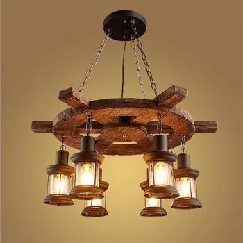

Vintage Industry Handmade Wood Iron Chain Cord Led e27 Pendant Light for Restaurant Bar Shop Lamps AC 80-265V 3/6 Heads1490