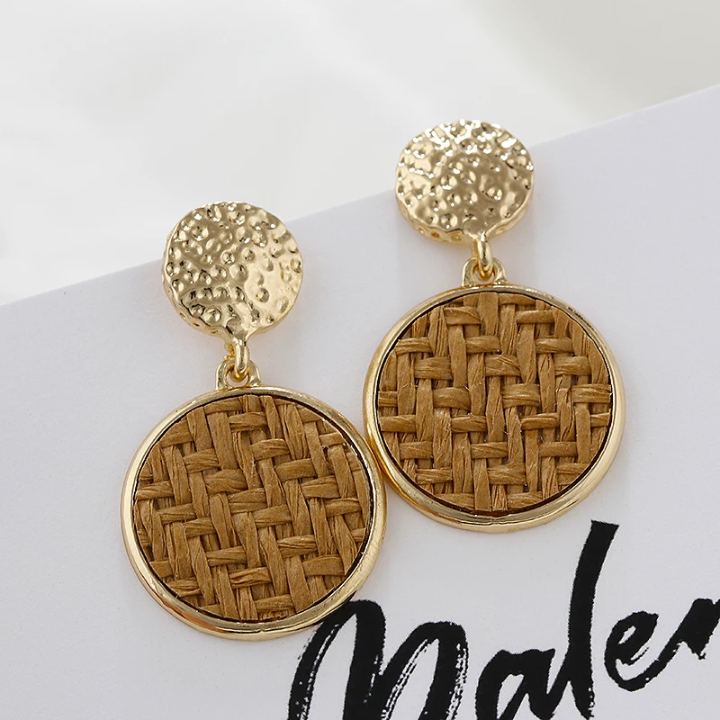 AENSOA Summer Beach Bohemia Rattan Knit Round Earrings For Women Fashion Jewelry Geometric Handmade Straw Weave Earrings