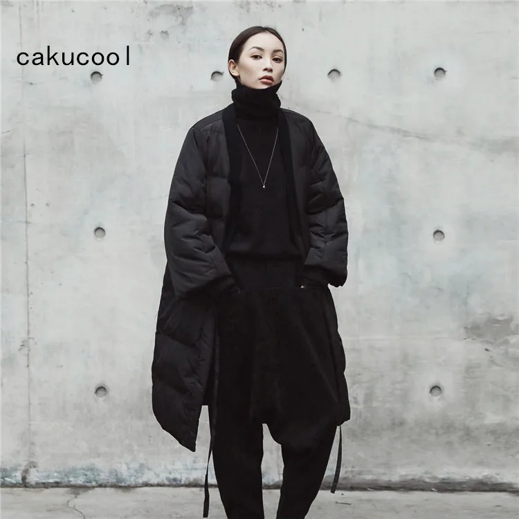 Cakucool новая зимняя куртка женская парка японское кимоно дизайнерский пояс черные длинные парки хлопок Femme размера плюс Casaco Feminino