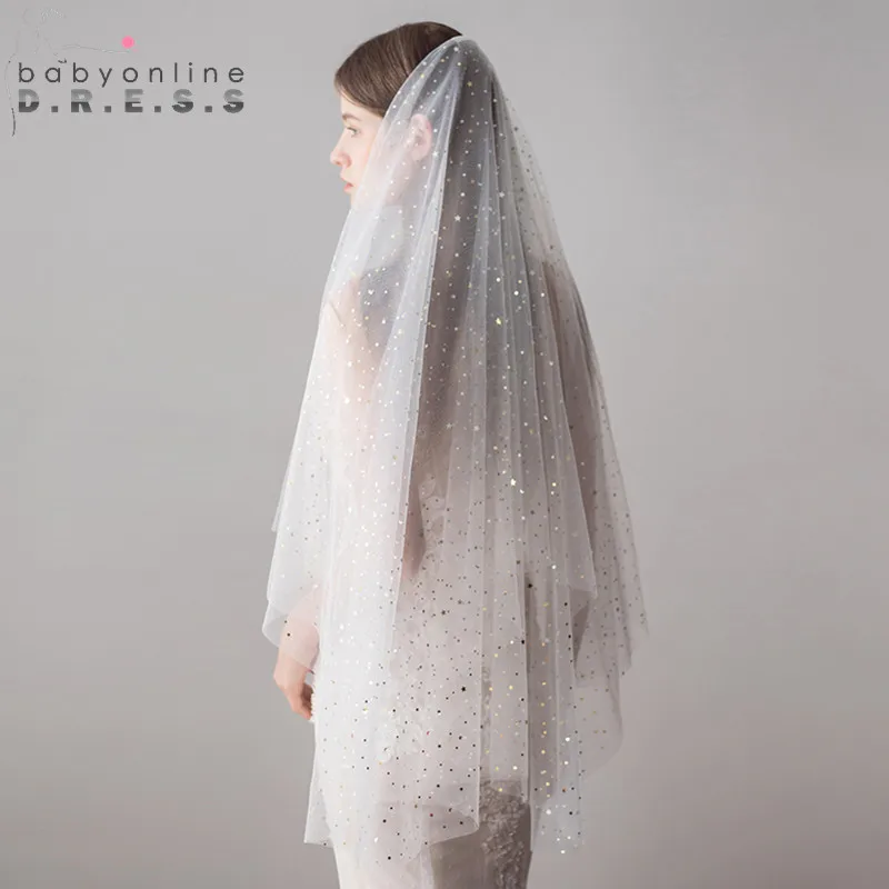 Ivory White Two Layers Wedding Veil with Stars Soft