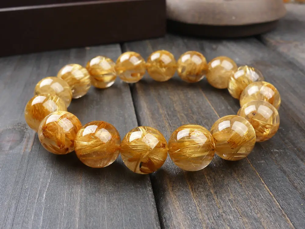 

huij 001671 Top Quality Natural Gold Titanium Rutilated Quartz Crystal Bracelet AAAA