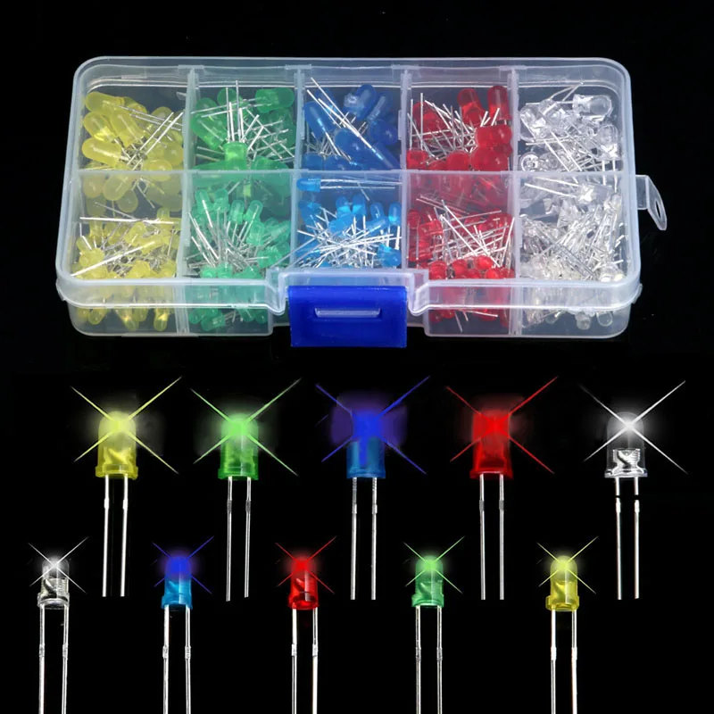 200pcs/set New LED Emitting Diodes Assortment Kit White Yellow Red Blue Green 3mm/5mm