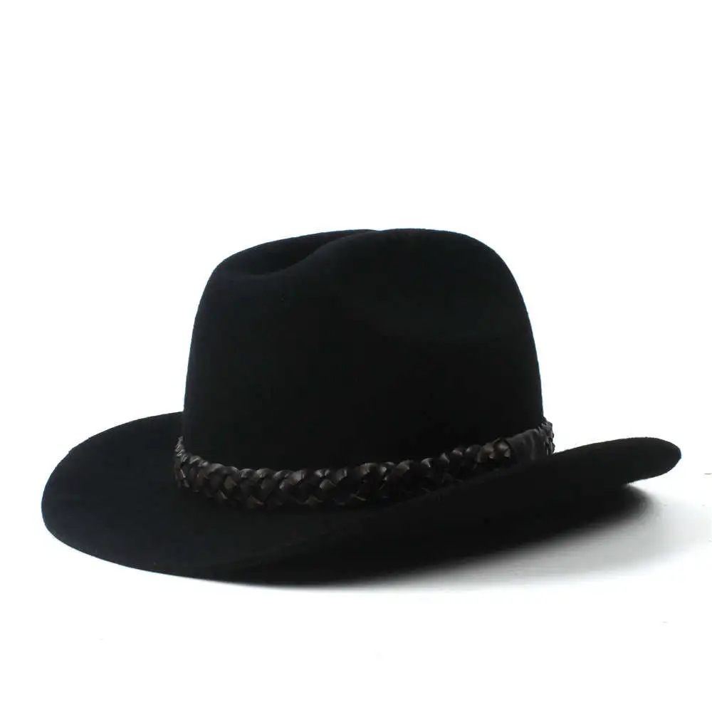 Wool Black Women Western Cowboy Hat For Autumn Lady Roll Up Brim Sombrero Cap With Fashion Leather Belt Size 57-58CM
