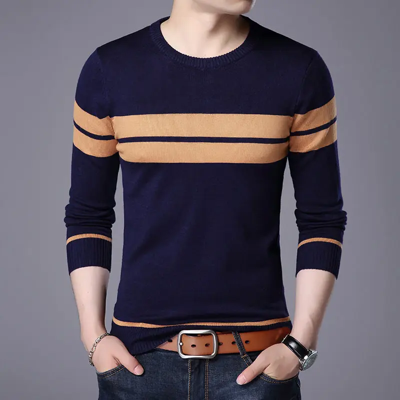 Новинка, модные брендовые свитера, мужские пуловеры, шерстяные Облегающие джемперы, вязанные полосатые осенние, корейский стиль, повседневная мужская одежда - Цвет: 32-6navy