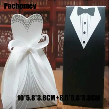 

Special Offer Caixa free Shipping 200pcs Bride And Groom Suit Wedding Candy Boxes Sweet Box Favor Gift Favors with Ribbon