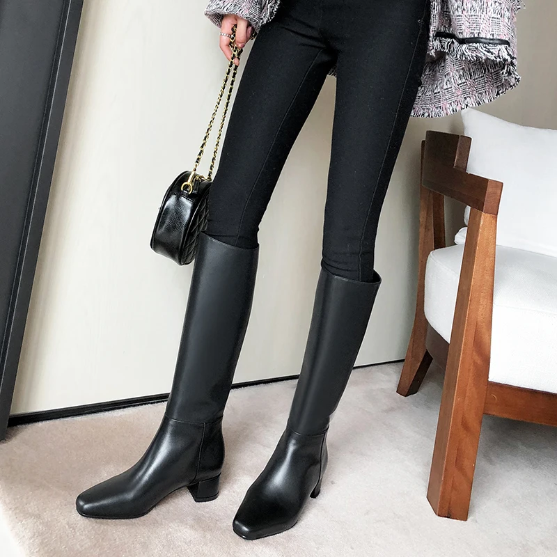 Kcenid/высокие сапоги из натуральной кожи пикантные женские ботинки для верховой езды до колена на толстом каблуке с квадратным носком обувь в стиле панк черного цвета