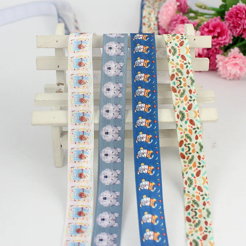 

5/8" 16mm cartoon White alpaca, blue space dog grosgrain ribbon fold over elastic webbing for hair tie 20 yards