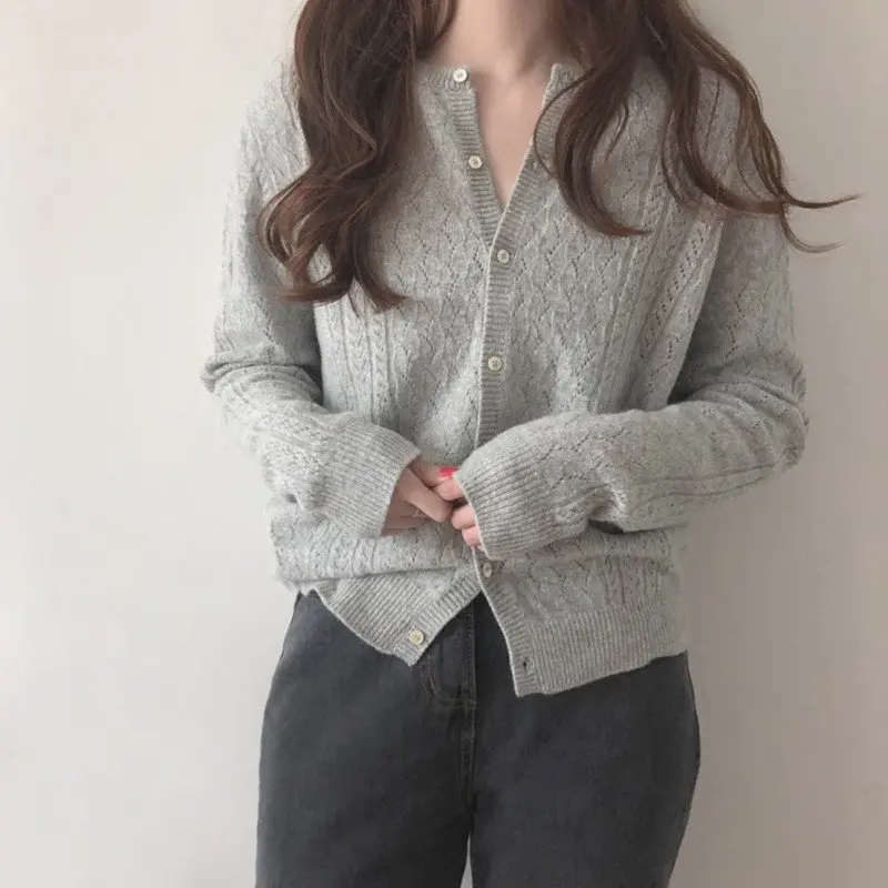 

HziriP New 2019 Casual Autumn Chic Cardigans Soft Simple Thin Hollow Out O-Neck High Quality Knitted Brief Loose Short Sweaters