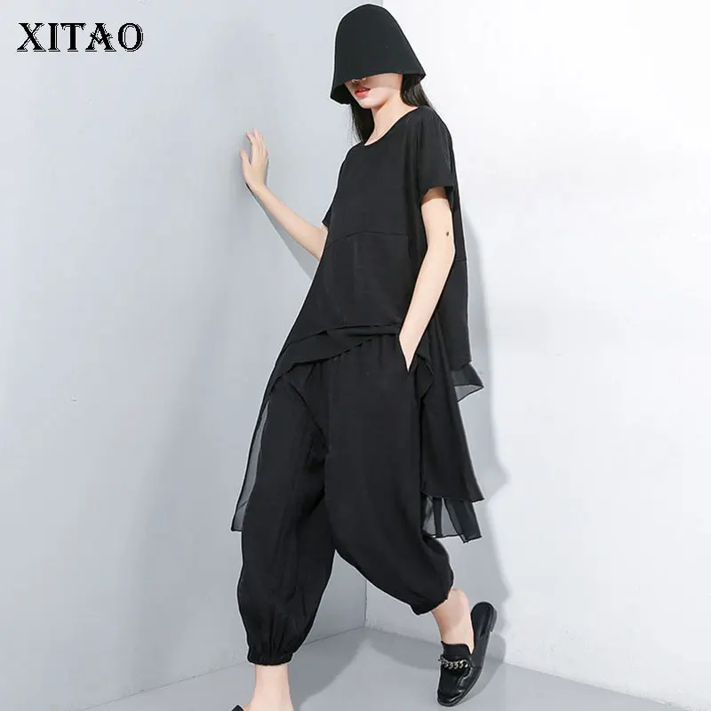 

XITAO Two Piece Set O Neck Korea Fashion New Pullover Irregular Elegant Top Women Elastic Waist Pants Wild Joker ZLL4137