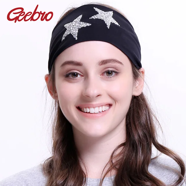 Geebro Women's Star Headband Summer Fashion Black Plain Stretch