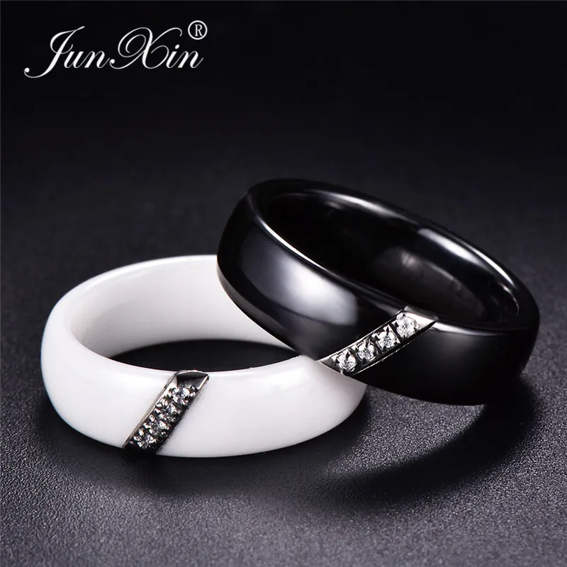 

JUNXIN Trendy Black White Round Ceramic Rings For Women Men Titanium Steel Wedding Rings For Couples CZ Crystal Ring Accessories