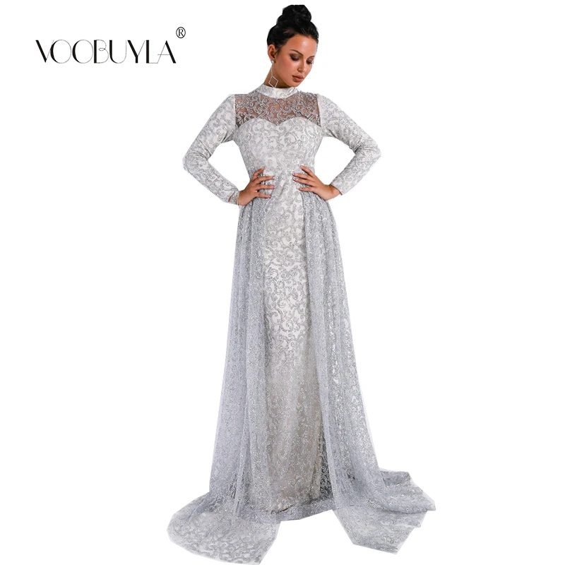 

Voobuyla 2019 Women Sexy High Neck Long Sleeve Retro Geometry Dresses Female Glitter Maxi Elegant Party Long Dress Vestdios