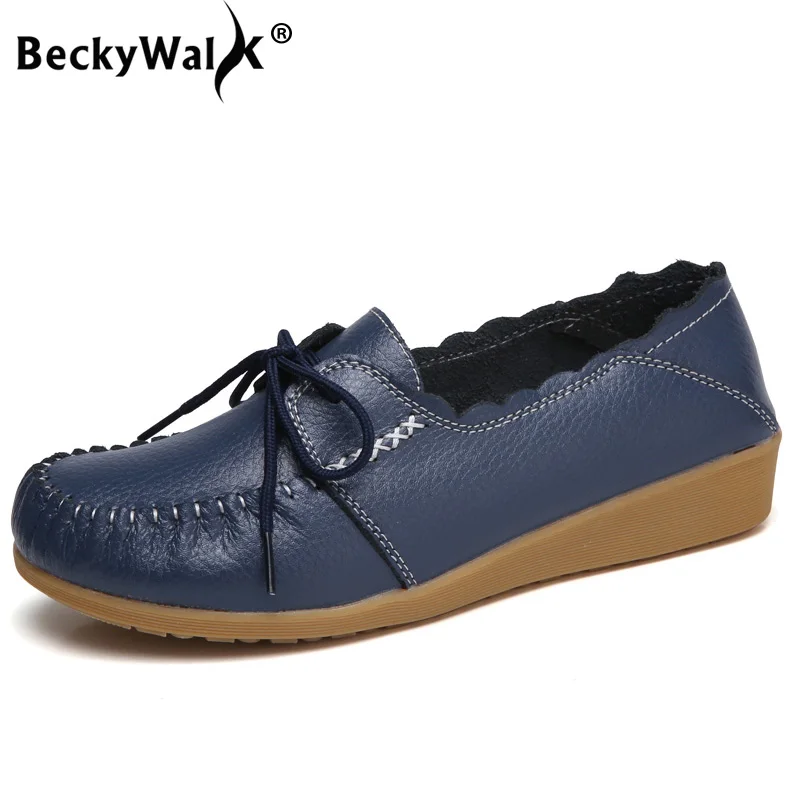 

BeckyWalk Spring Women Loafer Shoes Woman Genuine Leather Flats Lace Up Walking Shoes Female Flat Oxford Shoes For Women WSH2708