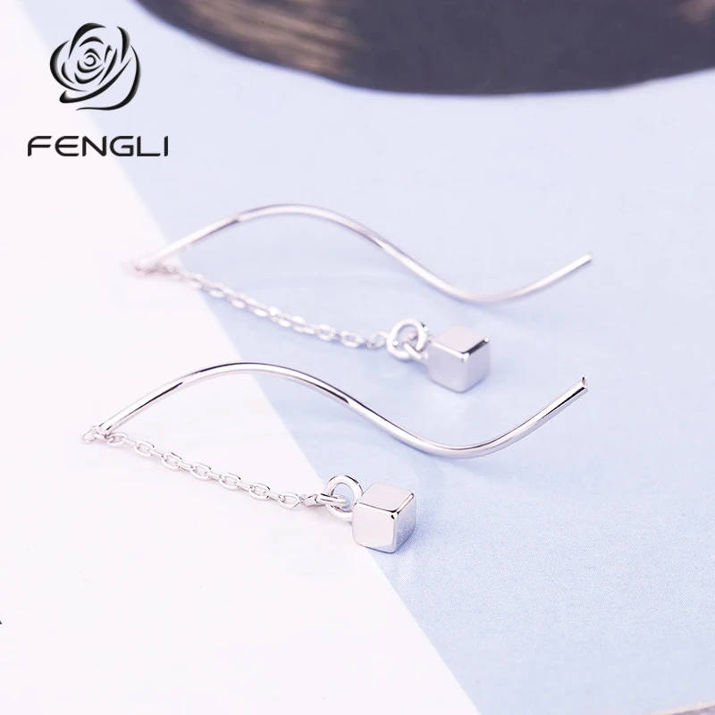

2019 Korean Square Trendy Simple Drop Earrings for Women Delicate Micro Paved Long Pendientes Boucle D'oreille 925 Silver Ear
