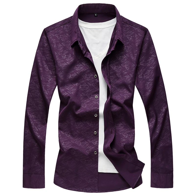 QUANBO Новая Осенняя мужская рубашка свободная версия темной цветочной рубашки с длинными рукавами Высококачественная деловая повседневная мужская одежда - Цвет: Фиолетовый