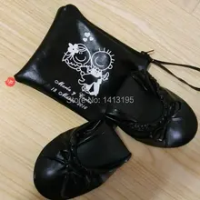 Новая свадебная мода леди черный одноразовые квартиры складной балерина обувь с сумкой