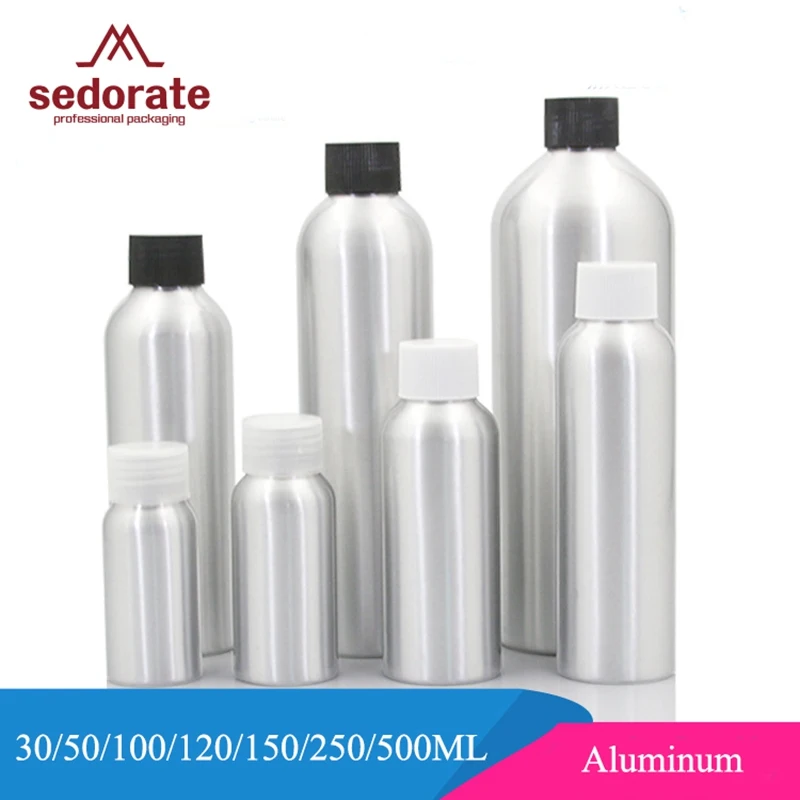 

Sedorate 20 pcs/Lot Aluminum Refillable Bottles 30ML 50ML 100ML 120ML 150ML 250ML 500ML Liquid Bottles With Screw Caps JX067